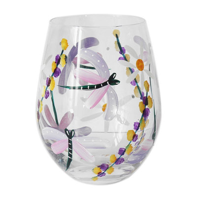 Stemless Pink Gin Glass Lynsey Johnstone Dragonflies & Daises Wine Garden Theme