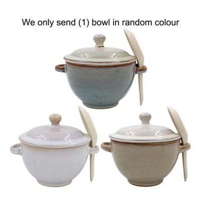  - Reactive Glaze Soup Bowl With Lid & Spoon Gradient Ceramic Stoneware Food Dish