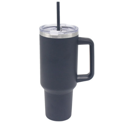Insulated Tumbler Vacuum Flask Handle & Straw 1.2L Black Coffee Office Car Cup from B&Q