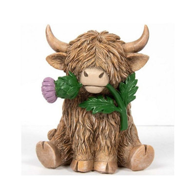 Resin Figurine 3D Brown Highland Cow With Thistle Tabletop Ornament Home Decor from B&Q
