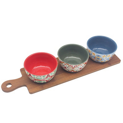 Ceramic Tuscany Bowls Set Of 3 On Wooden Base Serving Tray Dip Snack Dishes from B&Q