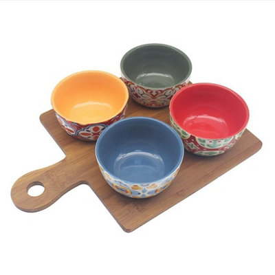 Ceramic Tuscany Bowls Set Of 4 On Wooden Base Serving Tray Dip Snack Dishes from B&Q
