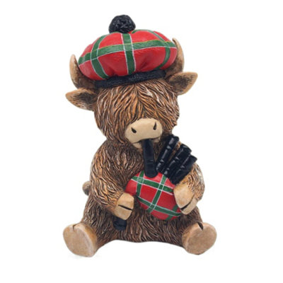  - Highland Cow Piper Figurine Scottish Bagpiper Tartan Ornament Coo Gift Idea