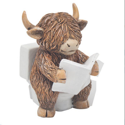 Animal Crackers Hughie Highland Cow Sat On Toilet Reading The News Figurine from B&Q