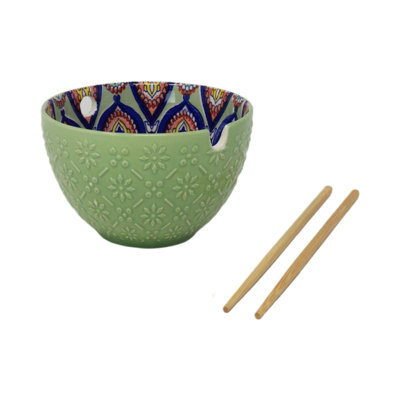 Bowl Moss Green Mediterranean Tuscany Bohemian Ceramic Design With Chopstick from B&Q