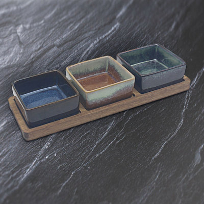 Snack Dishes 3Pc Square Ceramic Dip Sauce Bowls Wooden Charcuterie Serving Tray from B&Q