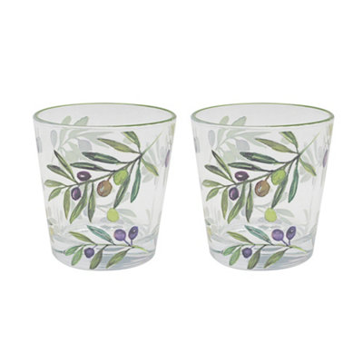  - Drinking Glasses Set Of 2 Olive Grove Tumblers Colourful Leaves Kitchen Gift
