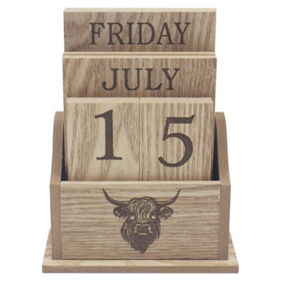 Wooden Perpetual Calendar Highland Cow Rustic Farmhouse Desk Decor Gift Idea from B&Q