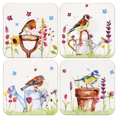 Garden Birds Set Of 4 Cork Coasters Assorted Floral Design Tableware Heat Resist from B&Q