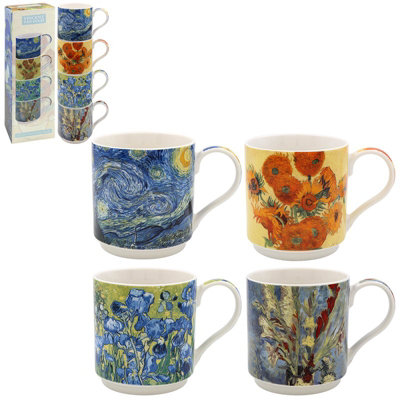 Stacking Mugs 4 Set Van Gogh Flowers Floral Mug Vintage Cups Stackable Assorted from B&Q