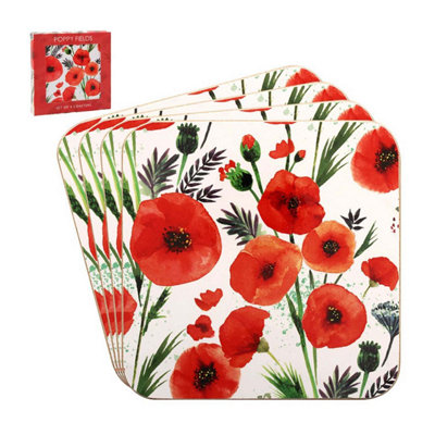  - Coasters Set Of 4 Poppy Fields Square Laminated Cork Drinks Pads Tableware Gift
