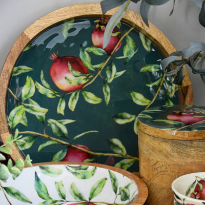 Madison & Mayfair 30Cm Round Tray Mango Wood/enamelPomegranate Green from B&Q