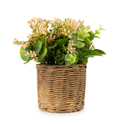 Candlelight Pink 20.3Cm Baby Breath & Eucalyptus Artificial Floral Arrangement In Brown Wicker Basket from B&Q