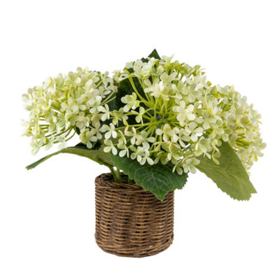 Candlelight 30.5Cm White Hydrangea Artificial Floral Arrangement In Brown Wicker Basket from B&Q