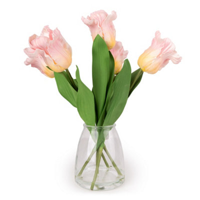 Candlelight Pink & Green 42Cm Tulip Artificial Floral Arrangement In Clear Soft Touch Glass Vase from B&Q
