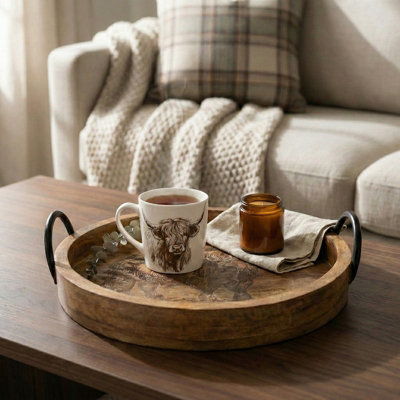 B&Q -  Round Wooden Highland Cow Tray With Metal Handles