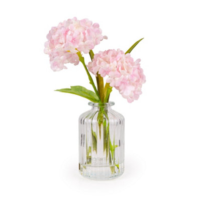 B&Q -  Pink 21Cm Hydrangeas Artificial Floral Arrangement In Clear Ribbed Glass Vase
