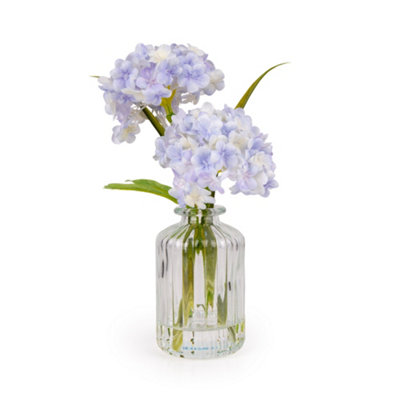 B&Q -  Blue 21Cm Hydrangeas Artificial Floral Arrangement In Clear Ribbed Glass Vase