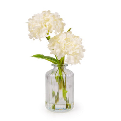 B&Q -  Cream 21Cm Hydrangeas Artificial Floral Arrangement In Clear Ribbed Glass Vase