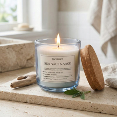 Candlelight Blue Cork Lid Sea Salt & Sage Medium Jar Candle from B&Q