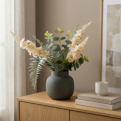 Candlelight Green & White 44Cm Delphinium Artificial Floral Arrangement In Grey Textured Ceramic Vase from B&Q