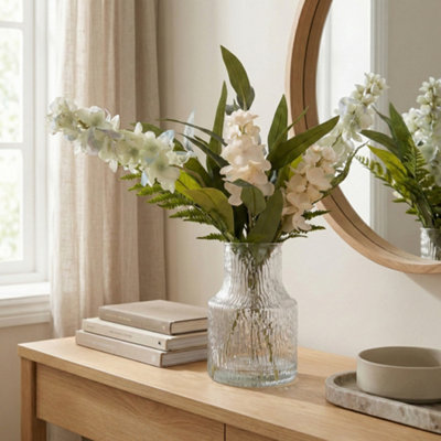 Candlelight White & Green 55Cm Delphinium Artificial Floral Arrangement In Clear Textured Glass Vase from B&Q