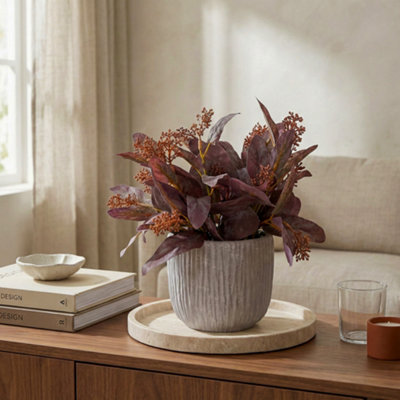 B&Q -  Red 30Cm Eucalyptus Pot With Artificial Plant In Grey Textured Cement Pot
