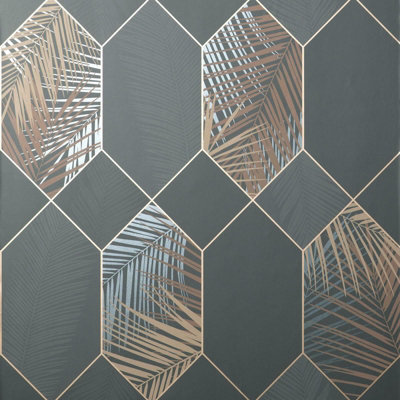 Fine Décor Fine Decor Miami Geometric Leaf Charcoal / Copper Washable Wallpaper Fd42833 from B&Q