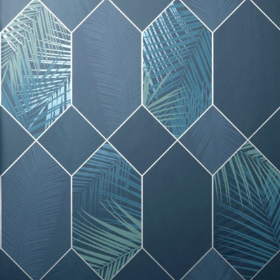 Fine Décor Fine Decor Miami Geometric Leaf Navy/silver Metallic Washable Wallpaper Fd42837