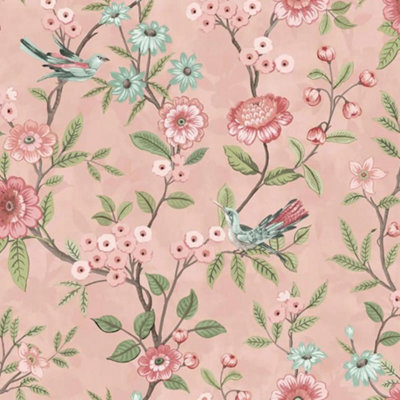 B&Q -  Fine Decor Eleanor Floral Birds Pink Wallpaper Flowers Botanical Feature Wall