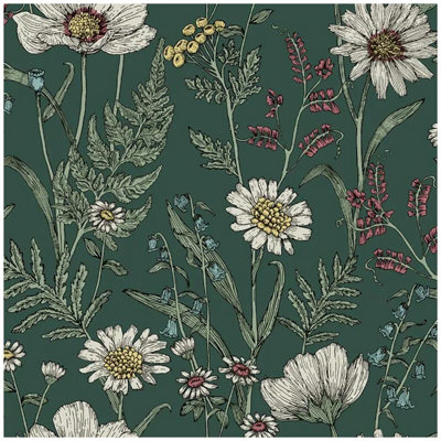 Fine Décor Wild Meadow Forest Wallpaper Green Pink Paste The Wall Floral Botanical from B&Q