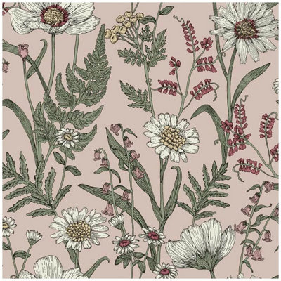 Fine Décor Wild Meadow Forest Wallpaper Blush Pink Green Paste The Wall Floral Botanical from B&Q