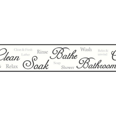 Fine Décor Fine Decor Black White Script Bathroom Theme Modern Wallpaper Border from B&Q