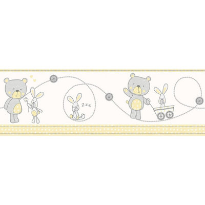 Fine Décor Baby Room Border Wallpaper Grey Teddy Bear Bunny Yellow Cute Nursery Decor