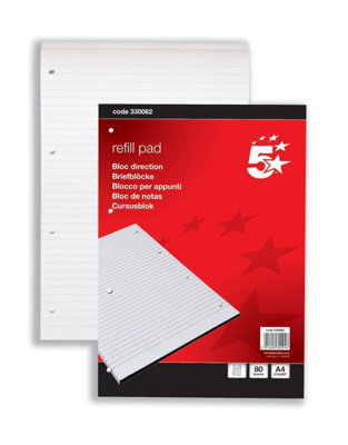 Fivestar 5 Star Office Refill Pad Headbound Feint Ruled 4-Hole Punched 80 Sheets A4 Pack 10 White from B&Q