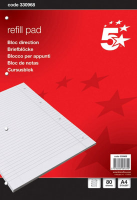 Fivestar 5 Star Office Refill Pad Feint Headbound Ruled With Margin 4-Hole Punched 80 Sheets A4 Pack 10White from B&Q