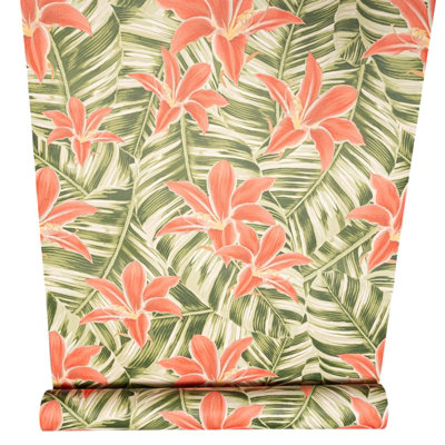 Sophie Laurence Green Red Floral Palm Leaf Wallpaper Smooth Finish Feature Wall from B&Q