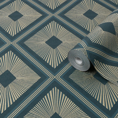 Boutique Fitz Green Metallic Effect Geometric Textured Wallpaper from B&Q