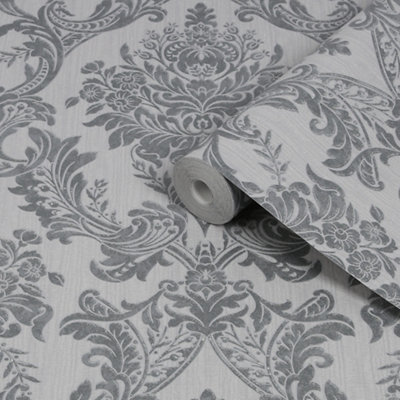 Boutique Baroque Grey Glitter Effect Damask Textured Wallpaper from B&Q