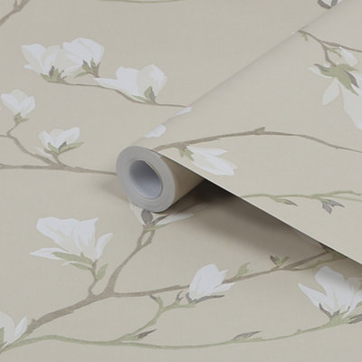 B&Q -  Magnolia Grove Neutral Floral Smooth Wallpaper