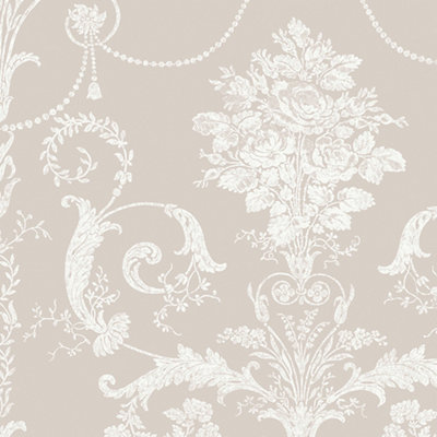 B&Q -  Josette White & Dove Grey Damask Smooth Wallpaper