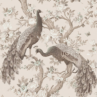 Laura Ashley Belvedere Soft Truffle Peacock Smooth Wallpaper from B&Q