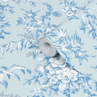 Laura Ashley Picardie Blue Sky Floral Smooth Wallpaper Sample from B&Q