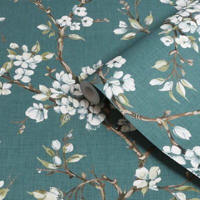Boutique Eliza Teal Floral Smooth Wallpaper from B&Q