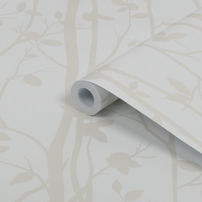 Laura Ashley Cottonwood Pearlescent White Trail Smooth Wallpaper Sample from B&Q