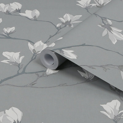 Laura Ashley Magnolia Grove Slate Floral Smooth Wallpaper Sample from B&Q