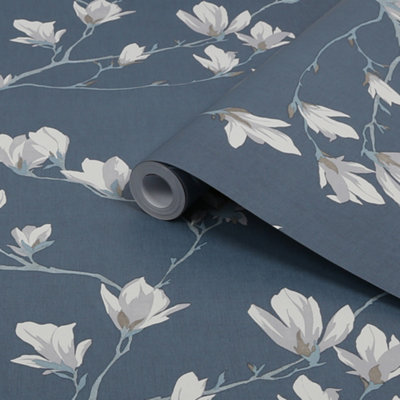 Laura Ashley Magnolia Grove Dusky Seaspray Floral Smooth Wallpaper Sample from B&Q