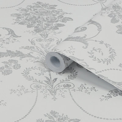 Laura Ashley Josette Silver Effect Damask Smooth Wallpaper Sample from B&Q