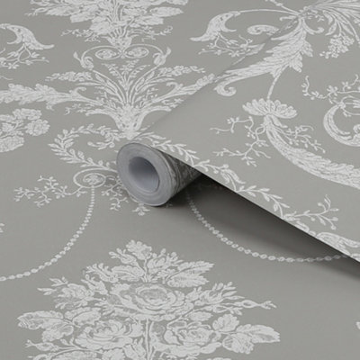 Laura Ashley Josette Steel Damask Smooth Wallpaper Sample from B&Q