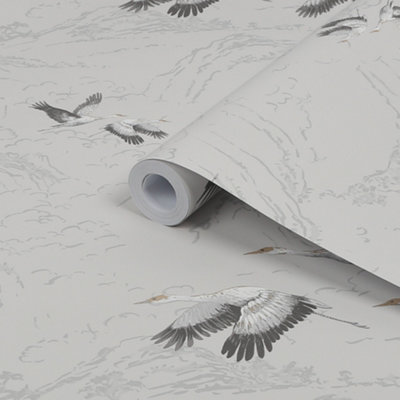 Laura Ashley Animalia Silver Effect Bird Smooth Wallpaper Sample from B&Q